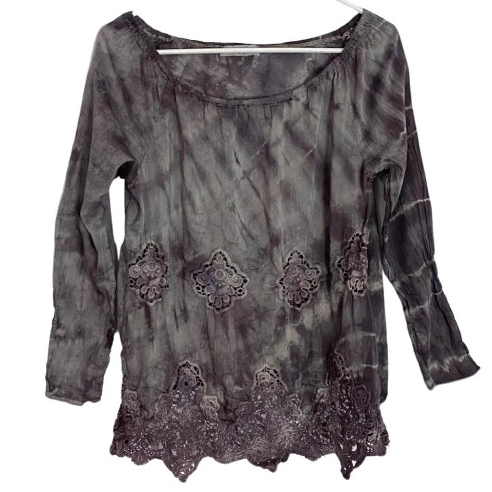 Laurie & Joe Paris Tie Dye Boho Crochet Lace Detail Pullover Resort Top Small